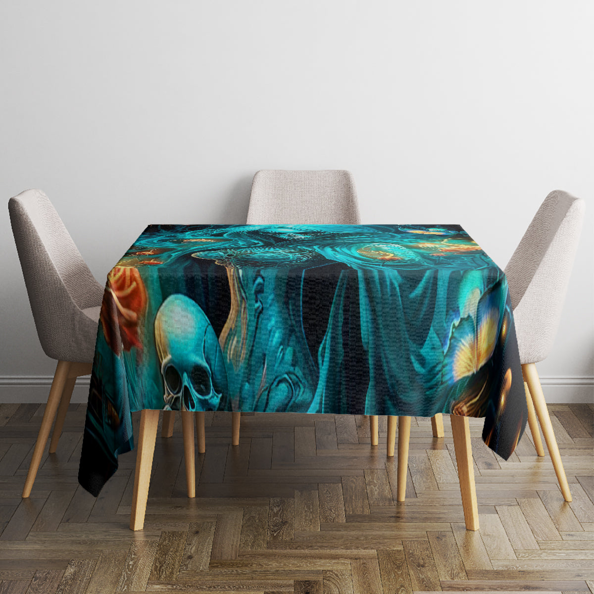 Black tablecloth featuring teal skull and lantern-like flames, laid flat on dining table