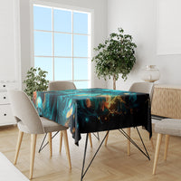 Black tablecloth with teal skull motif and fiery highlights across dining table