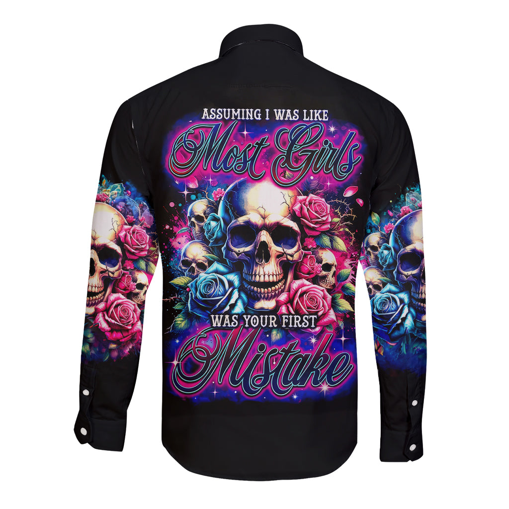 Rose Skull Long Sleeve Button Shirt Assuming I Was Like Most Girls Was Your First Mistake - Wonder Print Shop