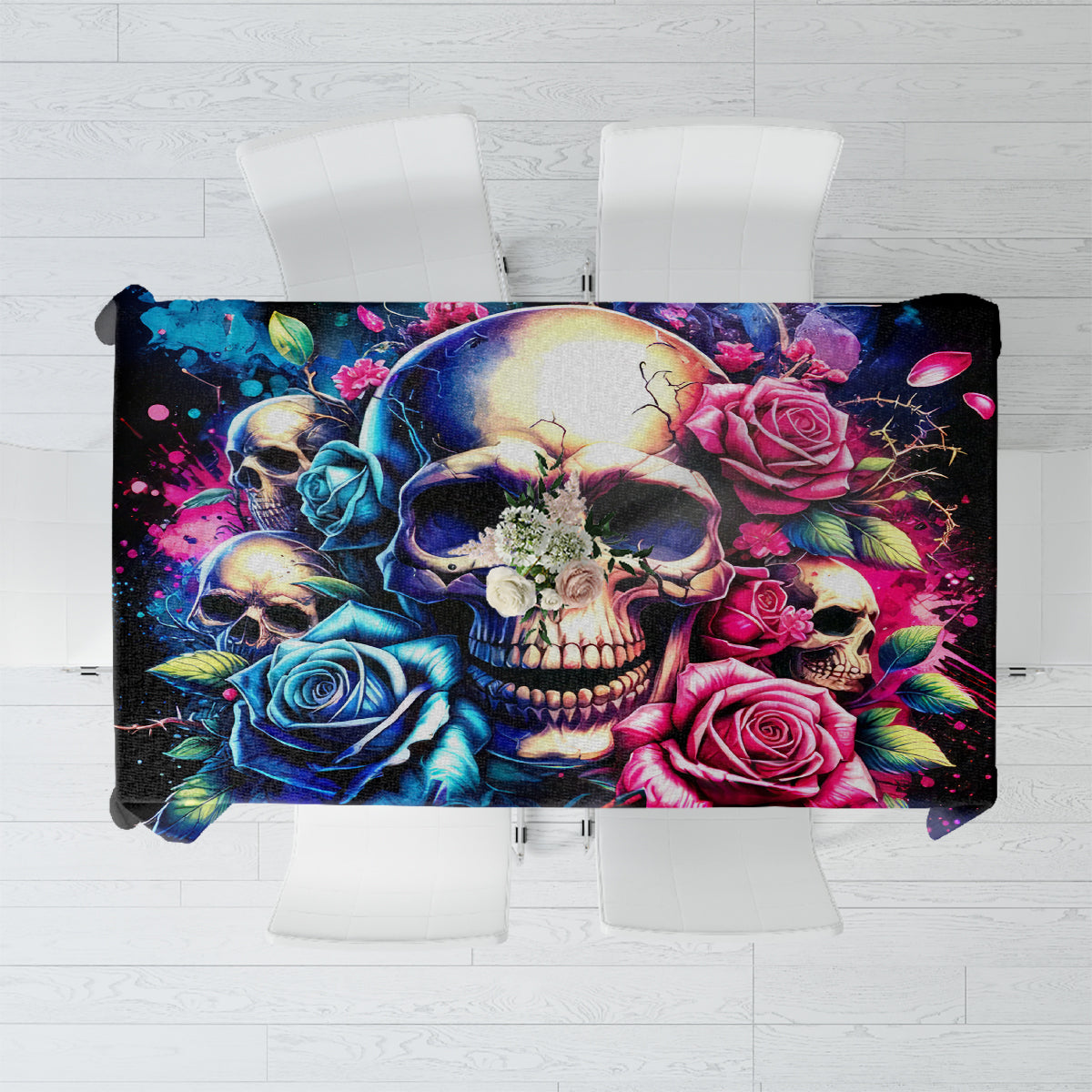 Black tablecloth with colorful skull, roses, and gothic floral artwork