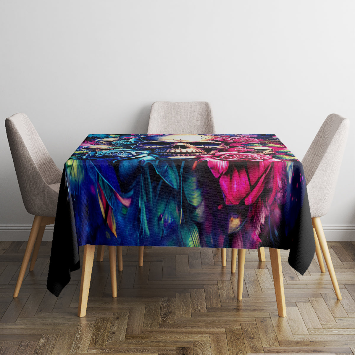 Black tablecloth featuring skull and rose artwork with multicolor accents