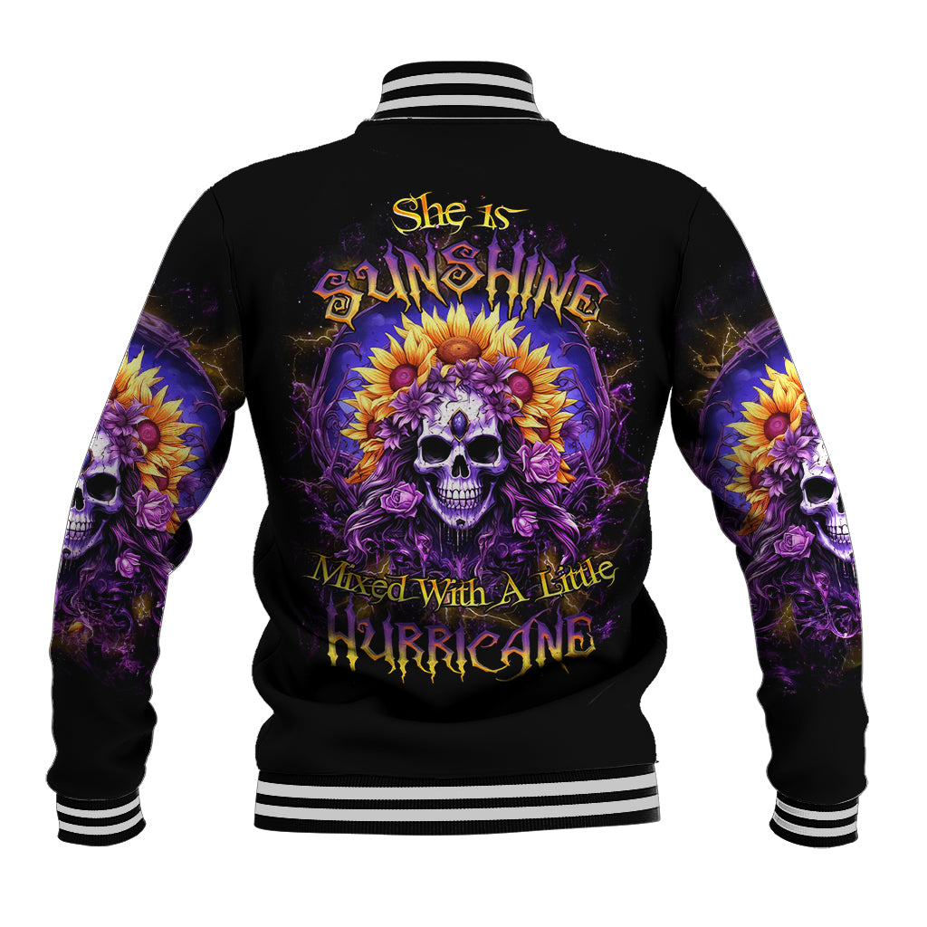 Black baseball jacket with sunflower skull back graphic and striped rib trim cuffs