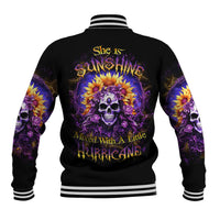 Black baseball jacket with sunflower skull back graphic and striped rib trim cuffs