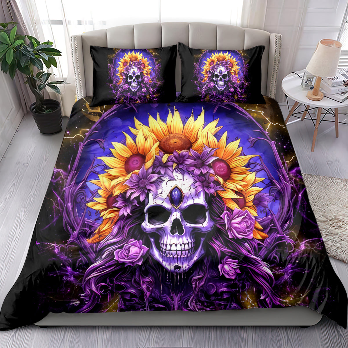 Black bedding set with large purple skull, bright sunflowers, and rose graphics on comforter