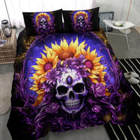 Black bedding set comforter with purple skull face, golden sunflowers, and purple rose border