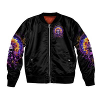 Black unisex bomber jacket with zipper, sunflower skull chest graphic and sleeve art.