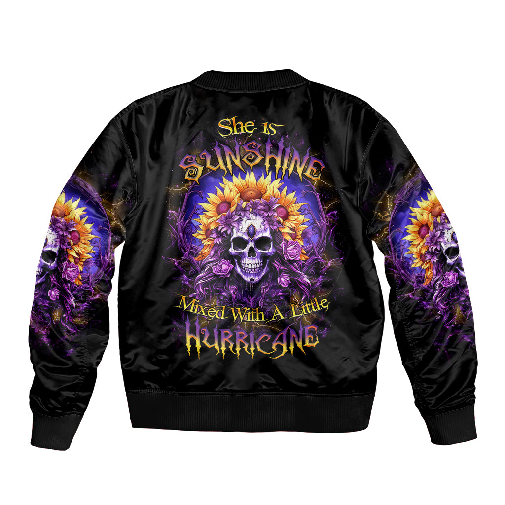 Black unisex bomber jacket with sunflower skull back graphic, ribbed cuffs and hem.