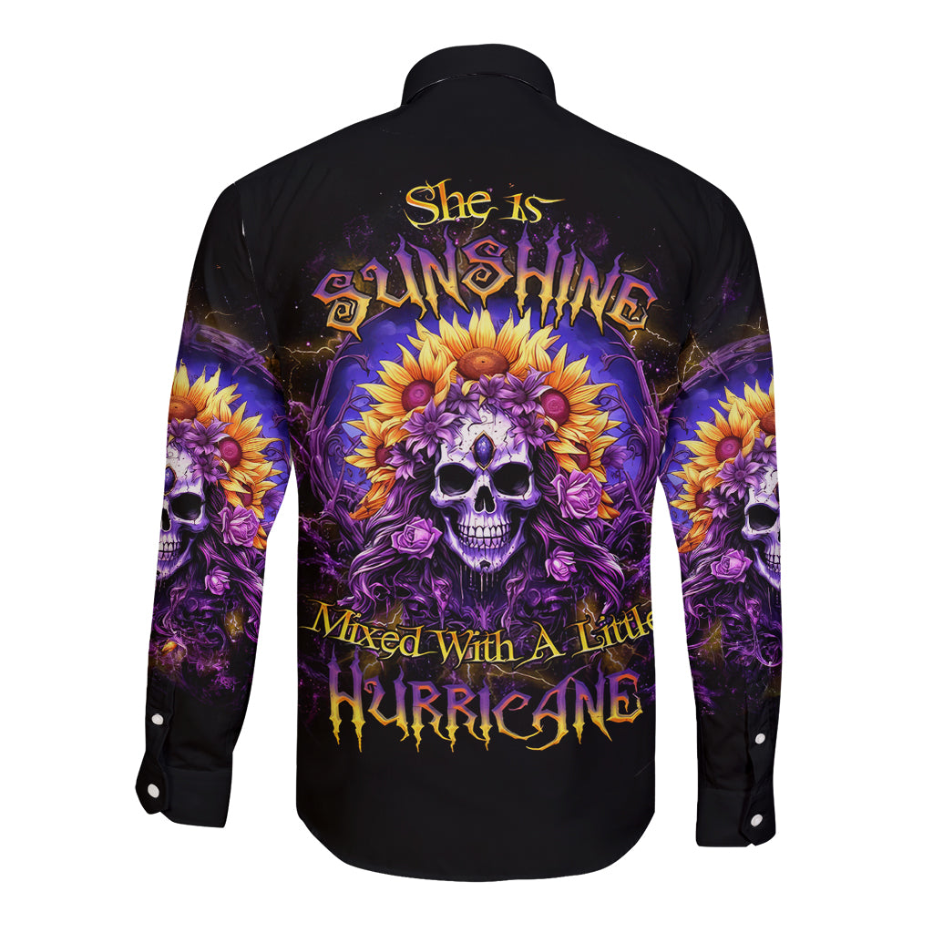 Sunflower Skull Long Sleeve Button Shirt She Is Sunshine Mixed With A Little Hurricane - Wonder Print Shop