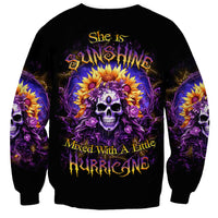 Unisex black sweatshirt with colorful sunflower skull front graphic and purple sleeve art