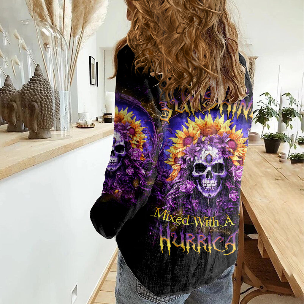 Sunflower Skull Women Casual Shirt She Is Sunshine Mixed With A Little Hurricane - Wonder Print Shop