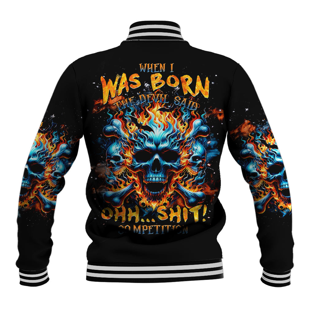 Black flame skull baseball jacket, back graphic with flames and striped ribbed collar