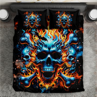 Black flame skull bedding set with blue and orange fire graphic plus matching pillowcases