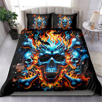 Black skull flame duvet cover set featuring a centered blue and orange flame skull design