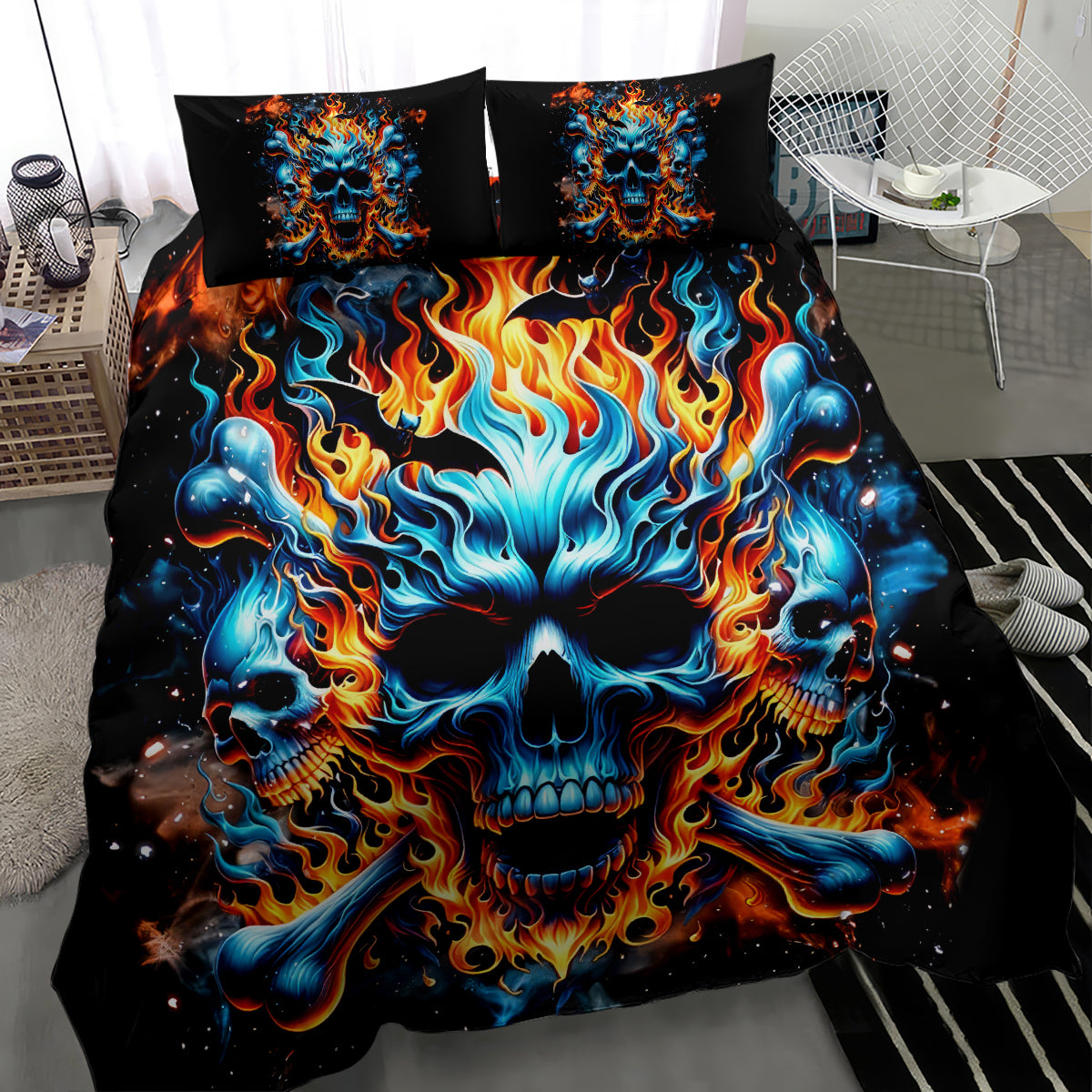 Black flame skull bedding set with centered blue skull surrounded by orange fire flames