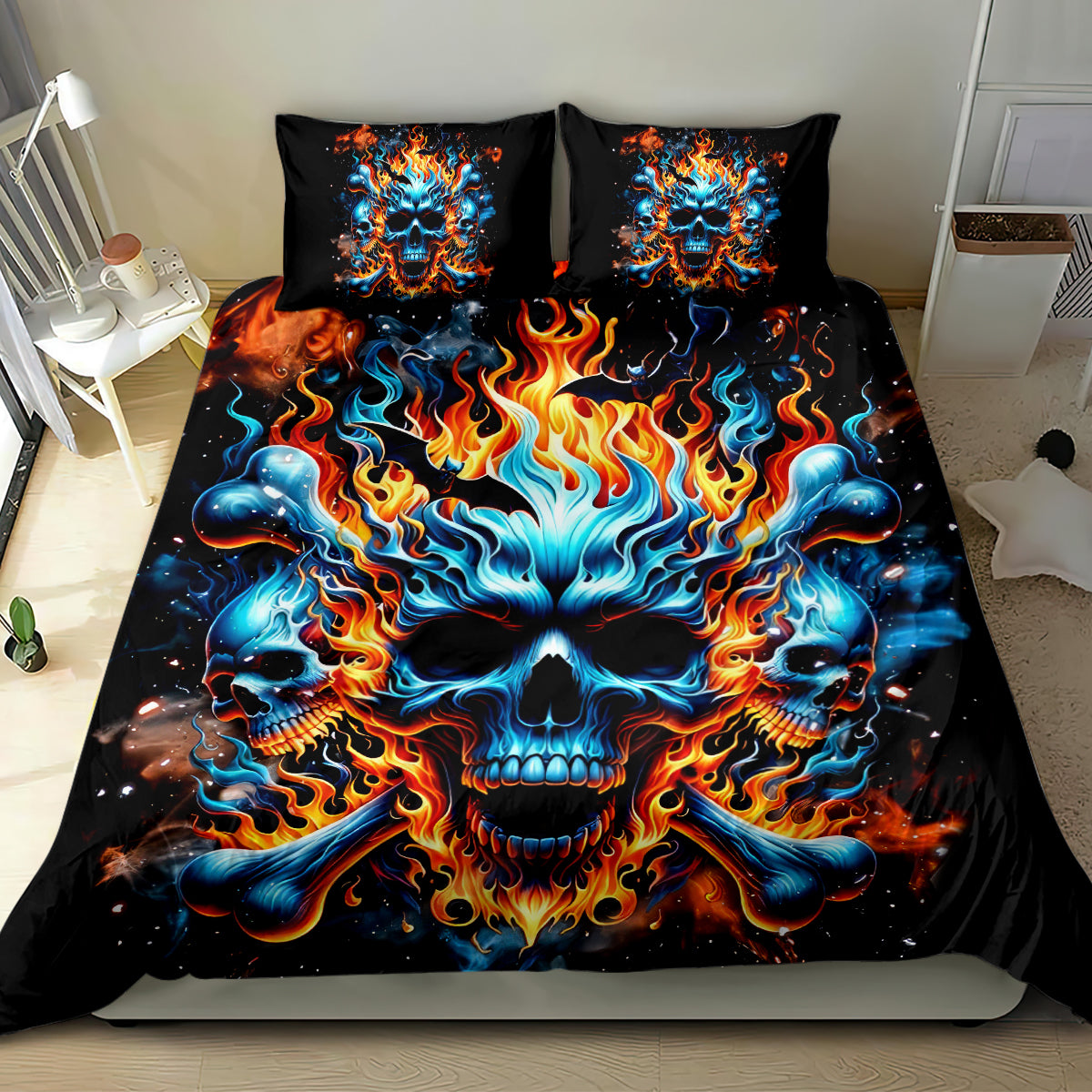 Black flame skull duvet set with two pillowcases displaying a blue and orange fiery skull print