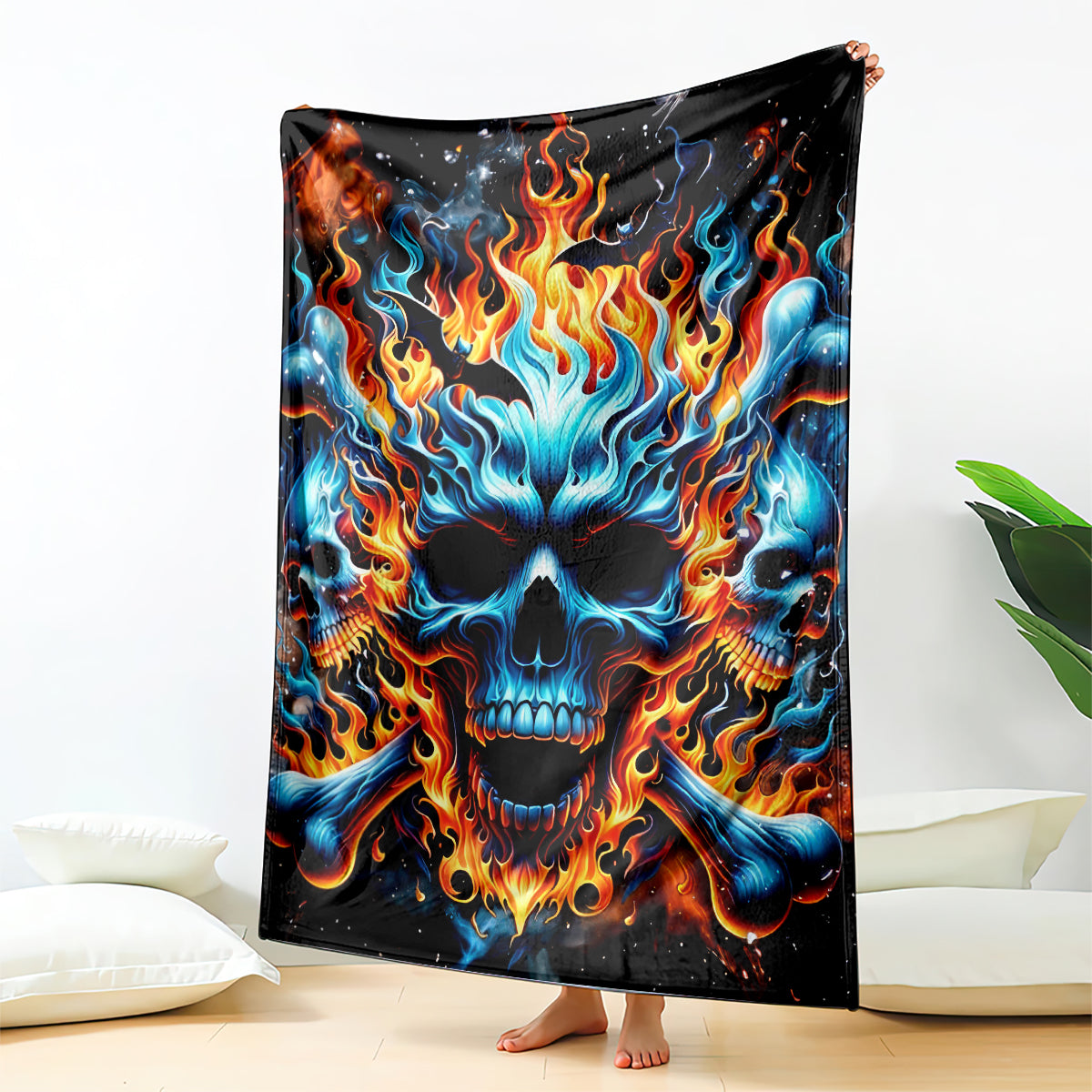 Flame skull throw blanket, bright blue and orange flames on black background