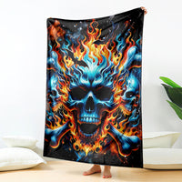 Flame skull throw blanket, bright blue and orange flames on black background