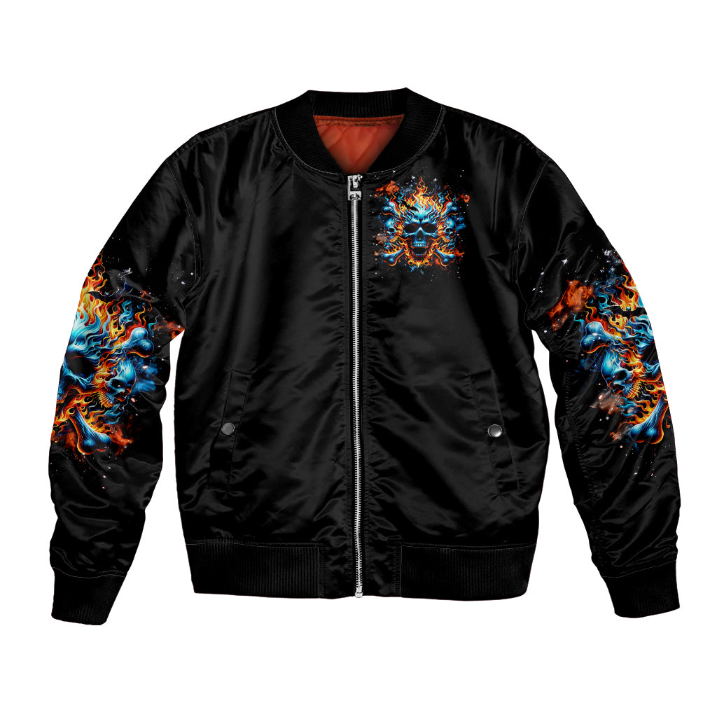 Unisex black bomber jacket with flame skull front graphic, zip-up