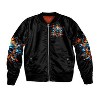 Unisex black bomber jacket with flame skull front graphic, zip-up