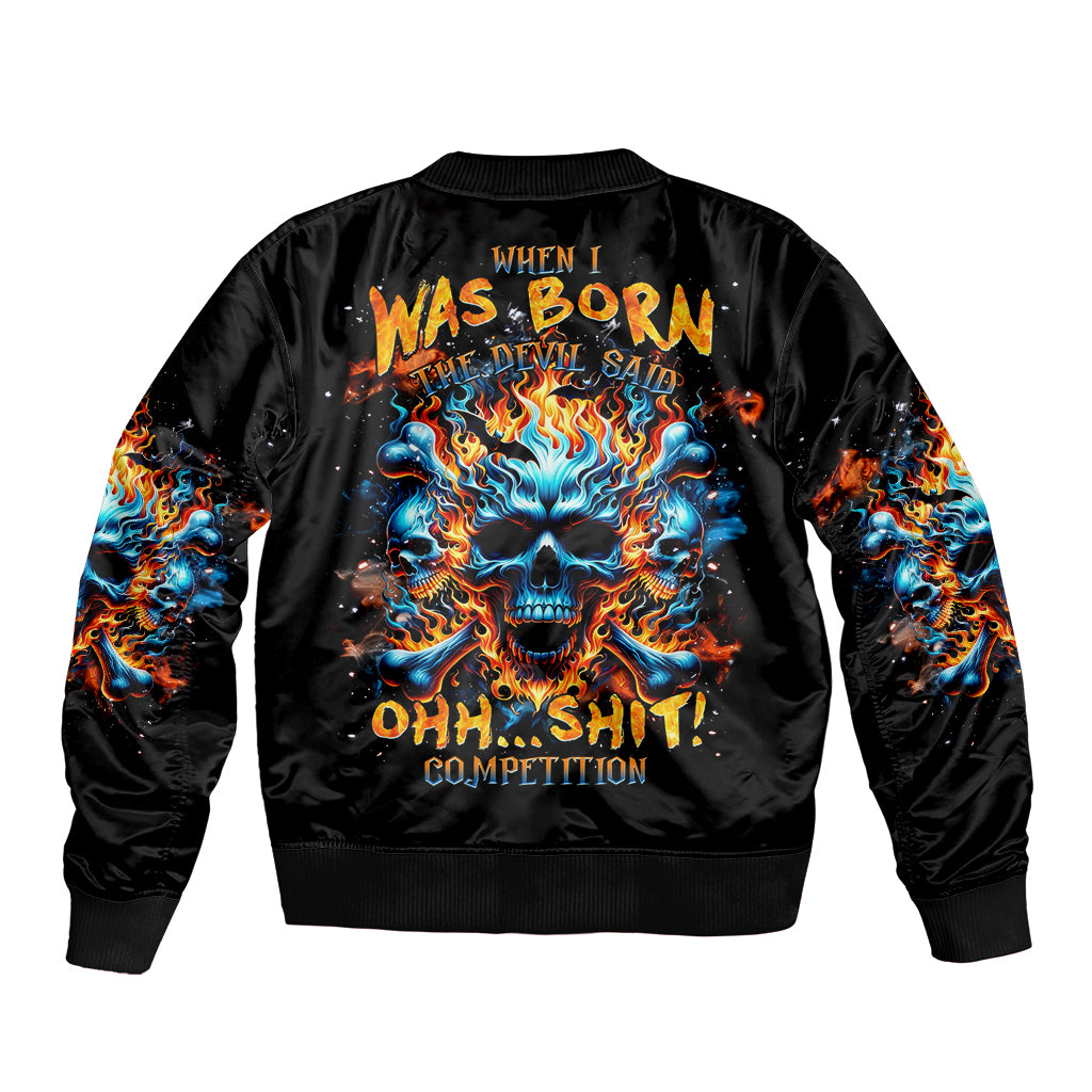 Unisex black bomber jacket with flame skull back graphic