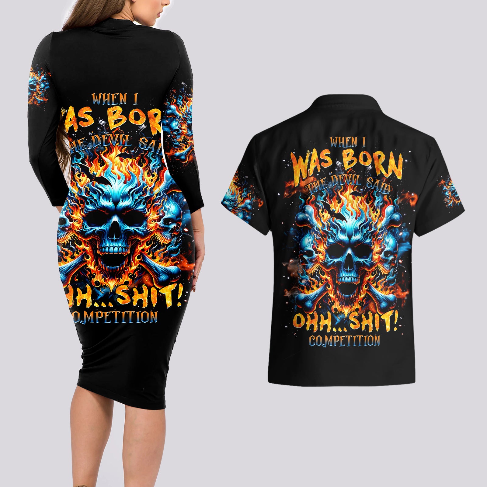 Flame Skull Couples Matching Long Sleeve Bodycon Dress and Hawaiian Shirt When I Was Born The Devil Said Ohh Shit Competition - Wonder Print Shop