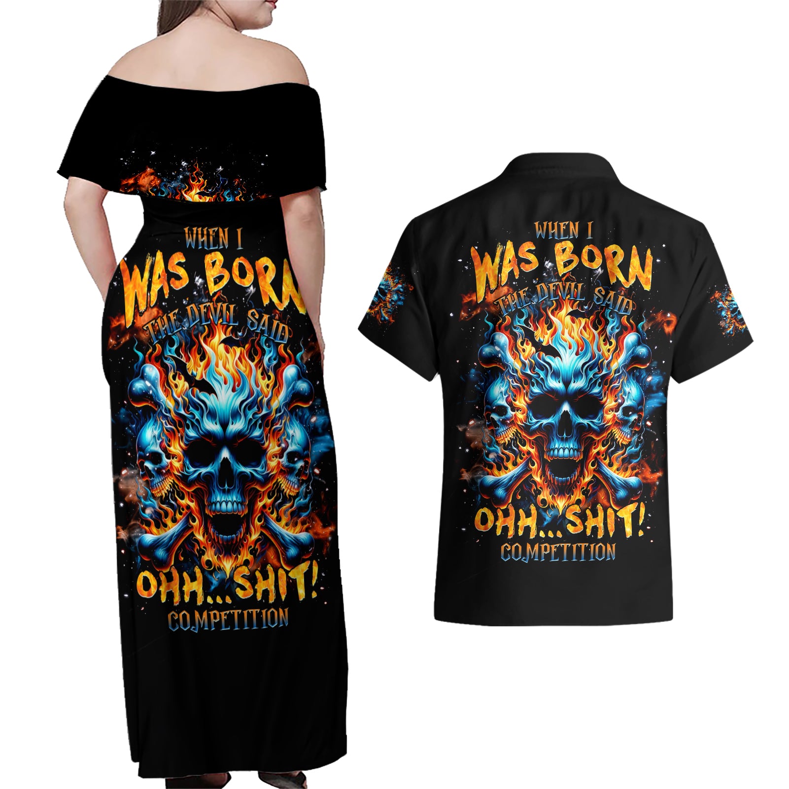 Flame Skull Couples Matching Off Shoulder Maxi Dress and Hawaiian Shirt When I Was Born The Devil Said Ohh Shit Competition - Wonder Print Shop