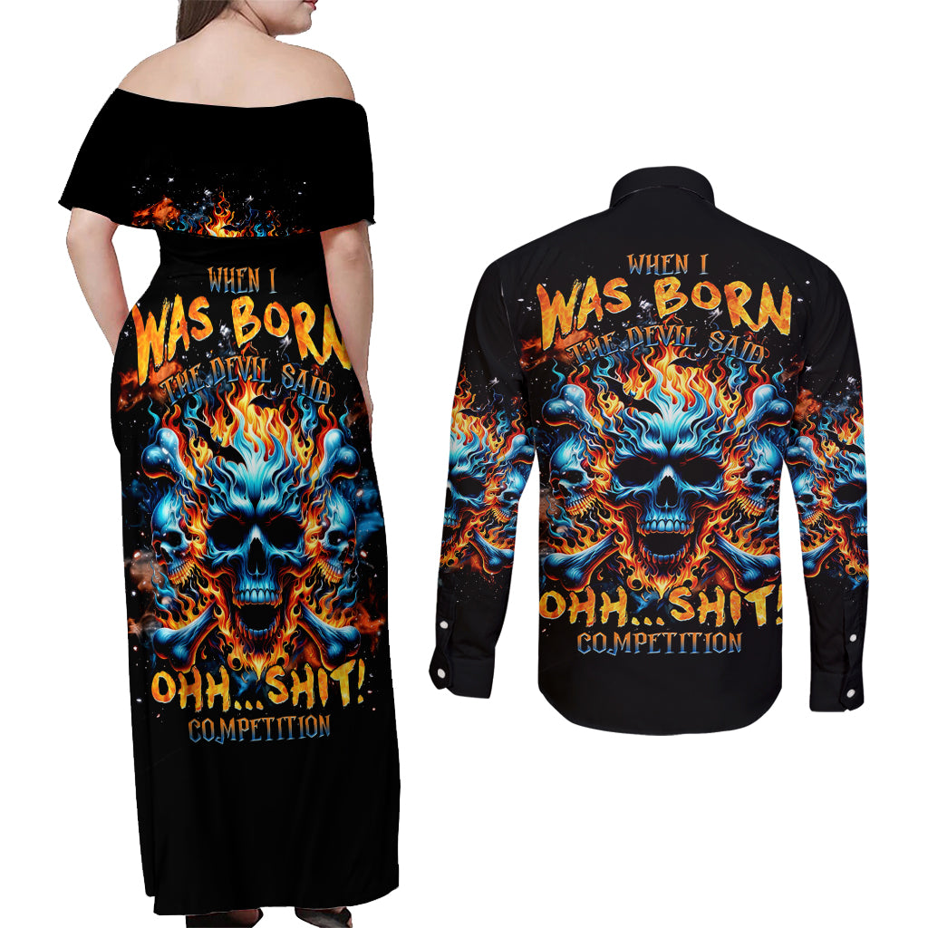 Flame Skull Couples Matching Off Shoulder Maxi Dress and Long Sleeve Button Shirt When I Was Born The Devil Said Ohh Shit Competition - Wonder Print Shop