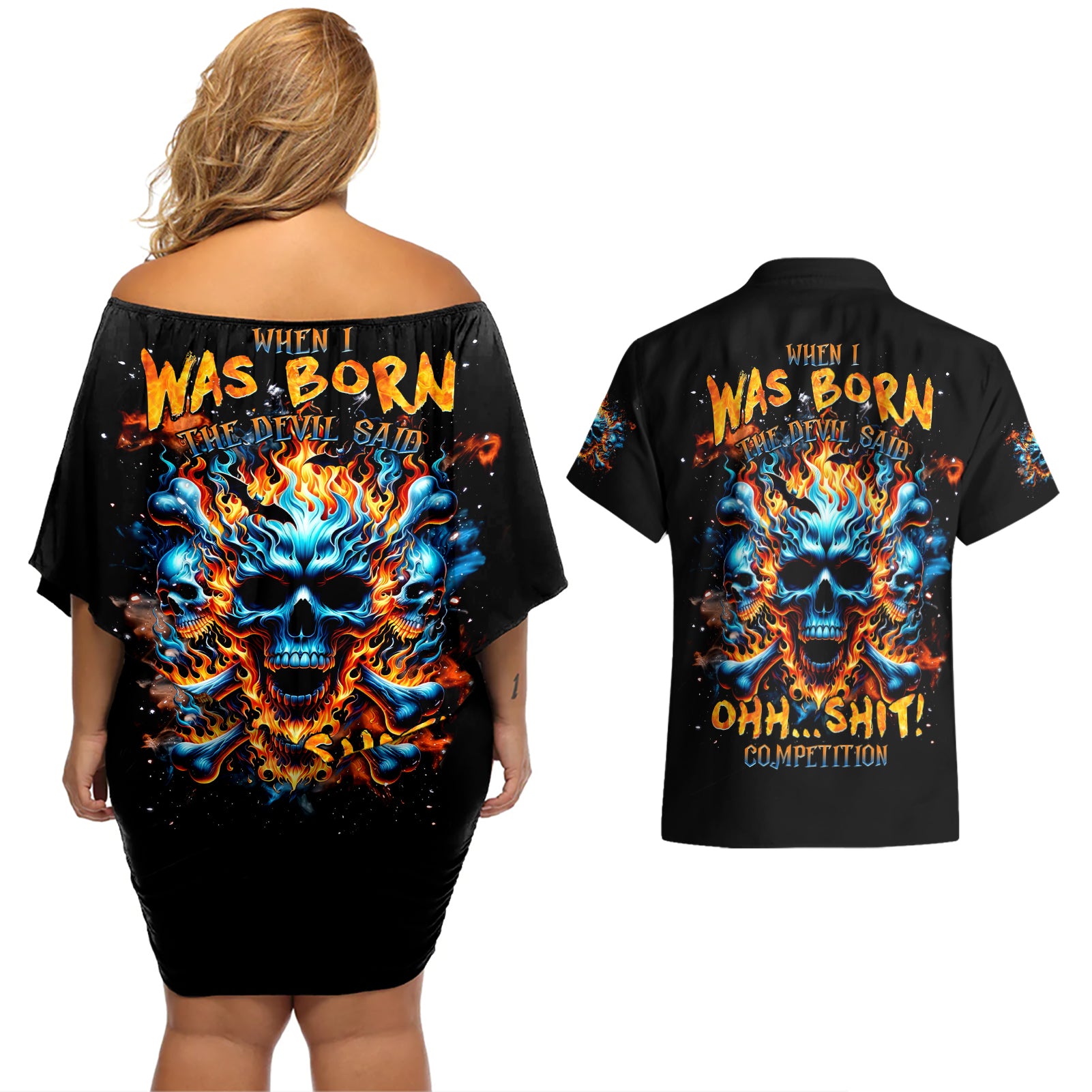 Flame Skull Couples Matching Off Shoulder Short Dress and Hawaiian Shirt When I Was Born The Devil Said Ohh Shit Competition - Wonder Print Shop