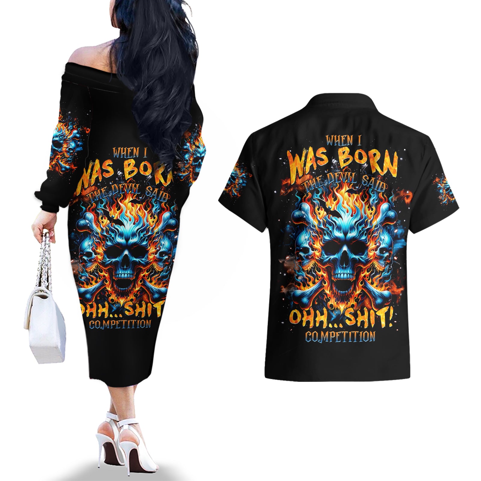 Flame Skull Couples Matching Off The Shoulder Long Sleeve Dress and Hawaiian Shirt When I Was Born The Devil Said Ohh Shit Competition - Wonder Print Shop