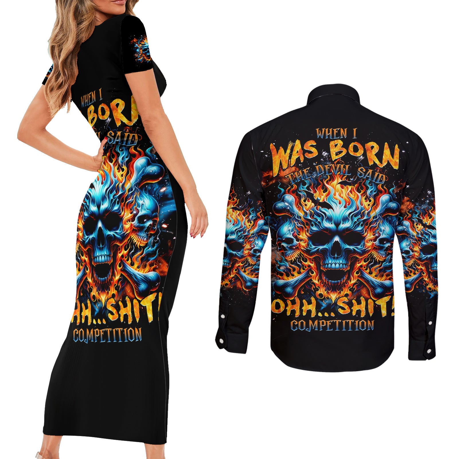 Flame Skull Couples Matching Short Sleeve Bodycon Dress and Long Sleeve Button Shirt When I Was Born The Devil Said Ohh Shit Competition - Wonder Print Shop