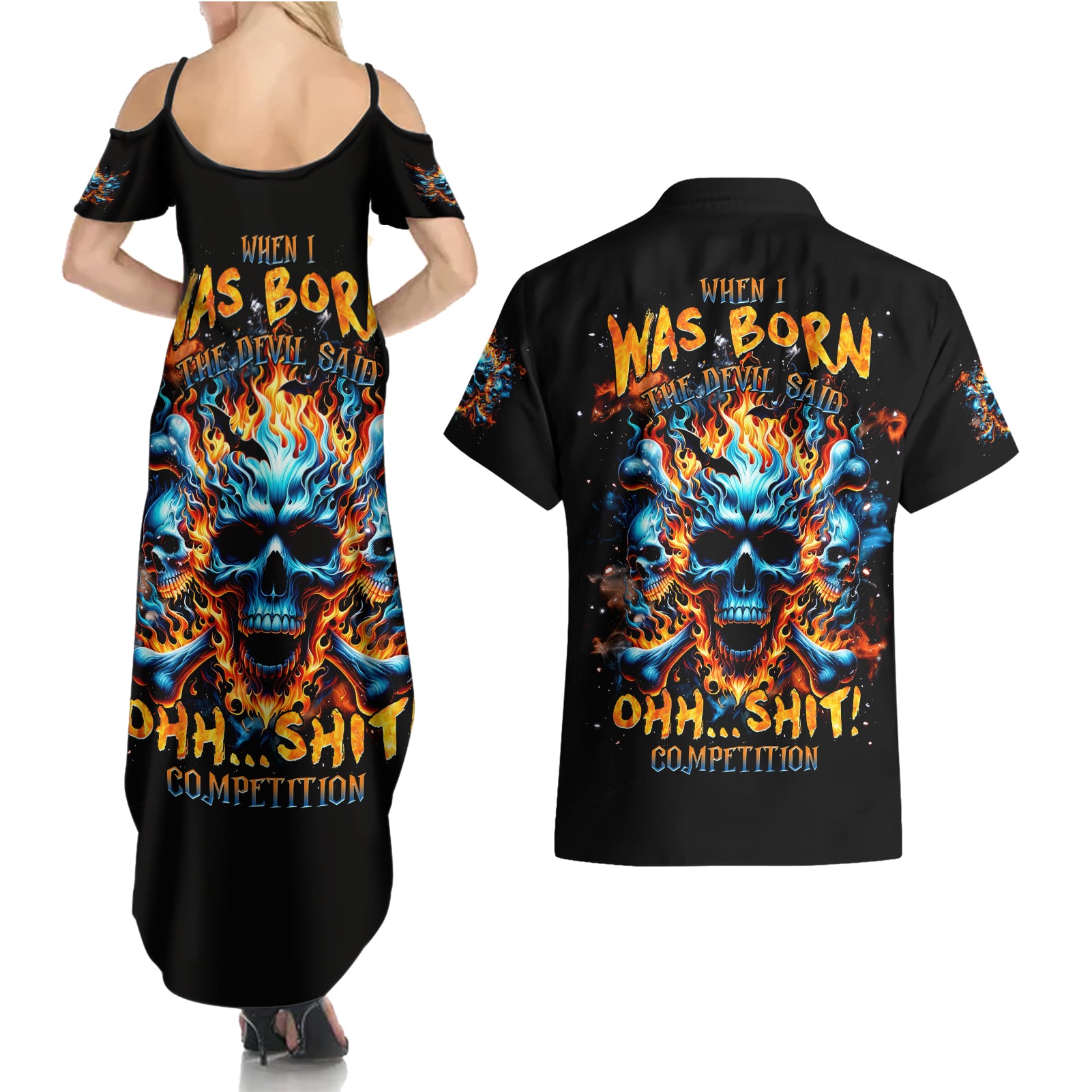 Flame Skull Couples Matching Summer Maxi Dress and Hawaiian Shirt When I Was Born The Devil Said Ohh Shit Competition - Wonder Print Shop