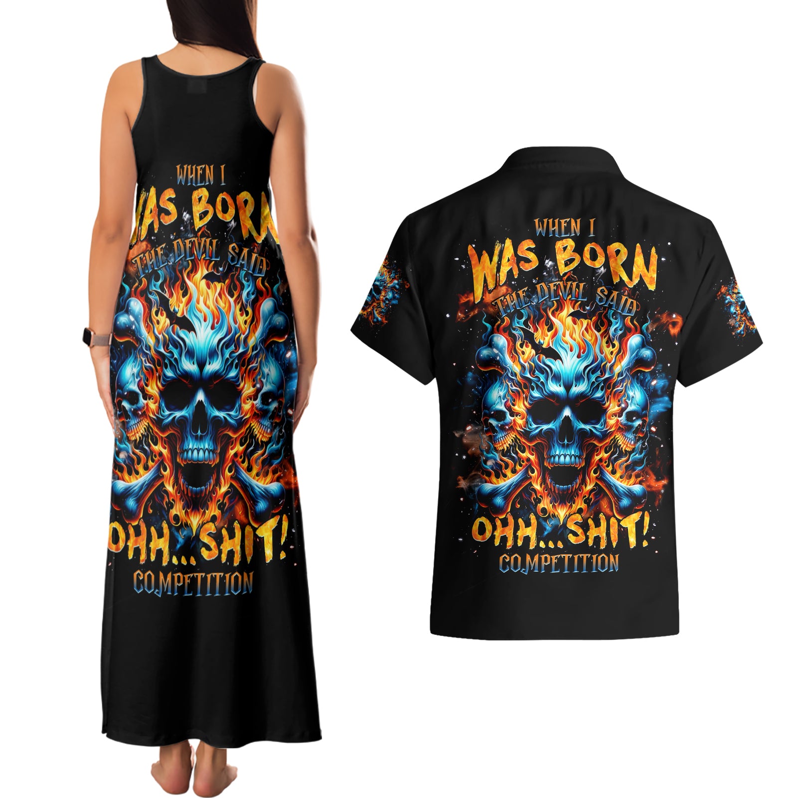 Flame Skull Couples Matching Tank Maxi Dress and Hawaiian Shirt When I Was Born The Devil Said Ohh Shit Competition - Wonder Print Shop