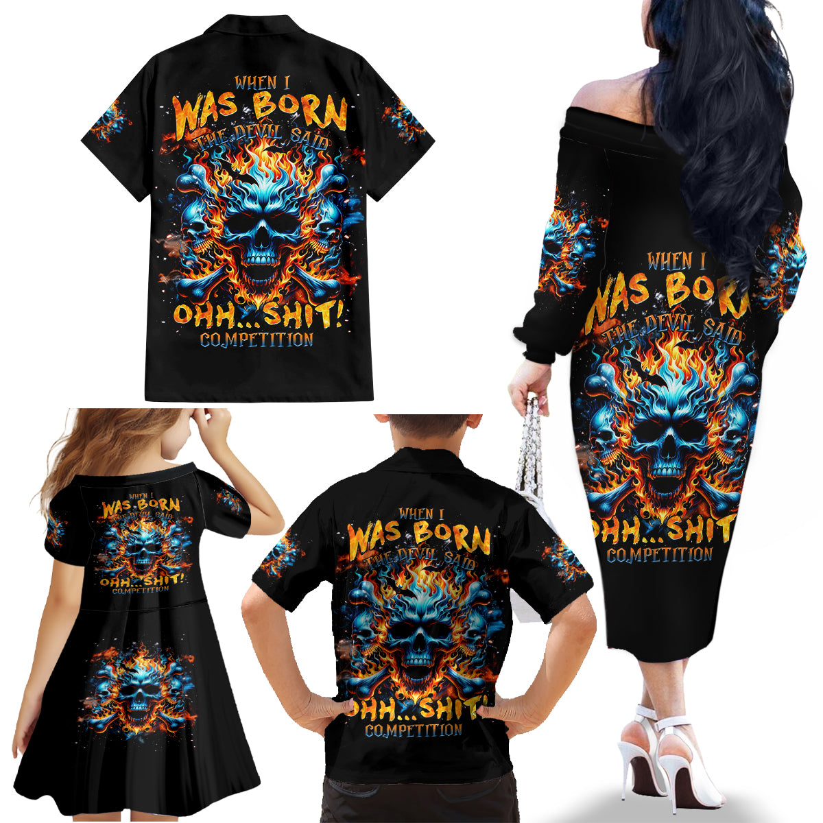 Flame Skull Family Matching Off Shoulder Long Sleeve Dress and Hawaiian Shirt When I Was Born The Devil Said Ohh Shit Competition - Wonder Print Shop