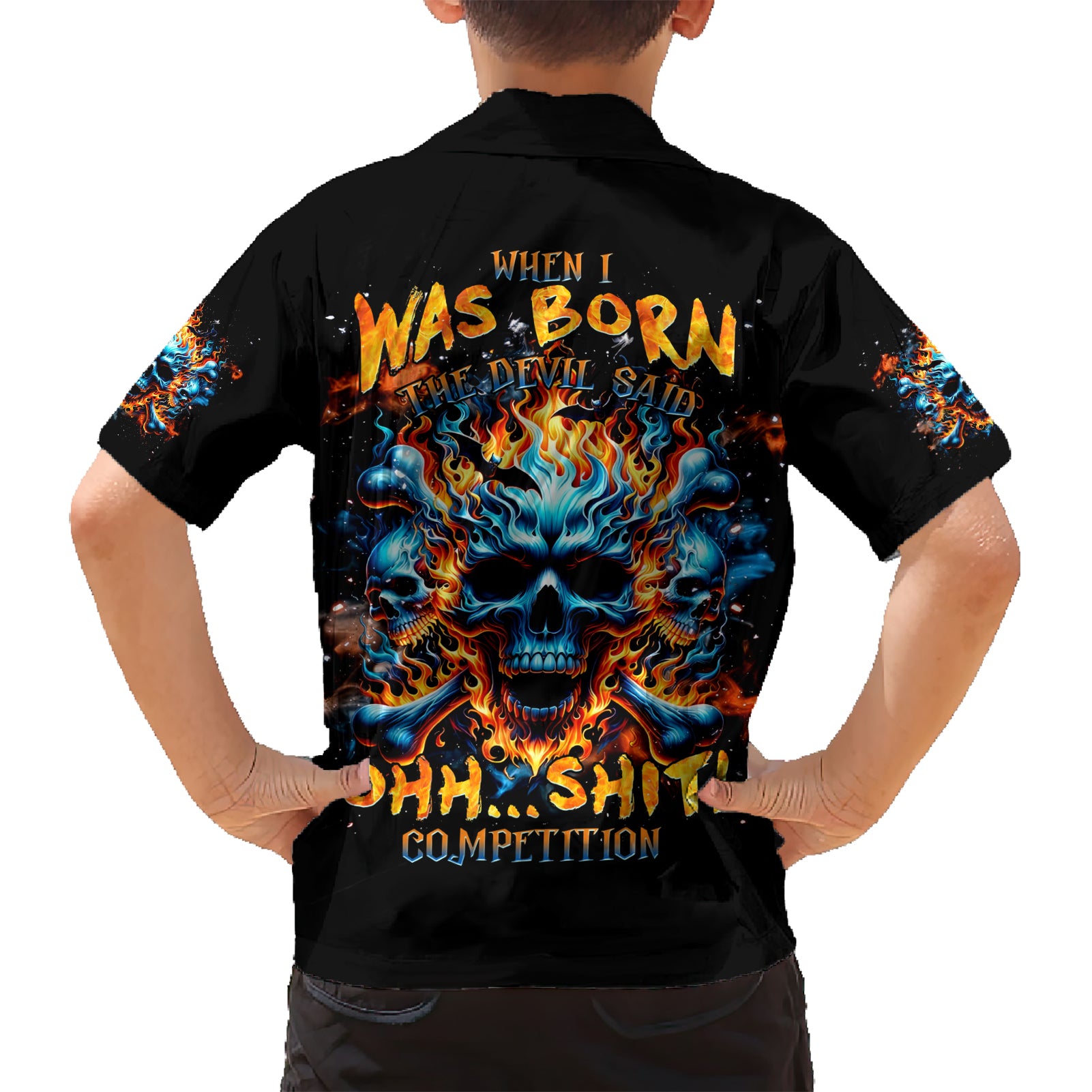 Flame Skull Kid Hawaiian Shirt When I Was Born The Devil Said Ohh Shit Competition - Wonder Print Shop