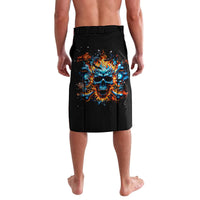 Black graphic shorts with flame skull artwork centered on the front