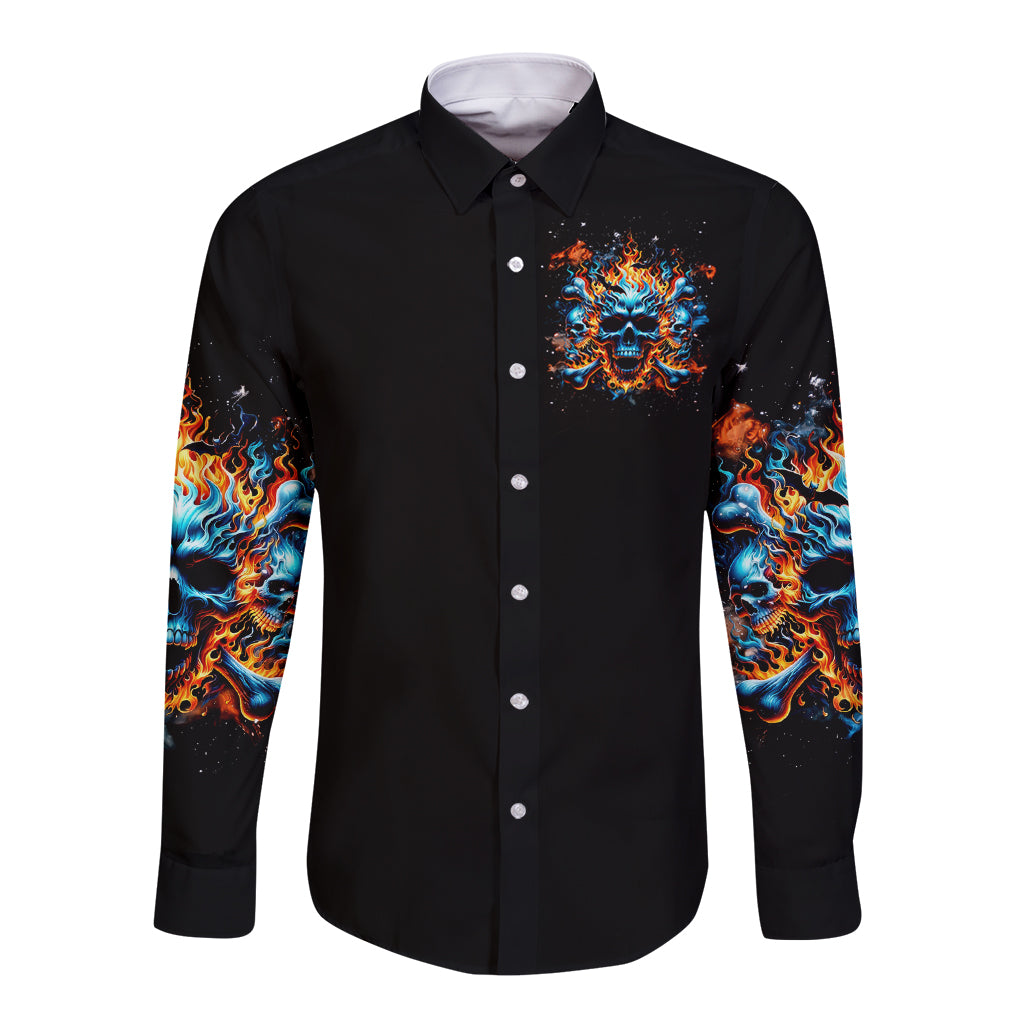 Black long-sleeve button shirt with flaming skull graphic on front.