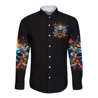 Black long-sleeve button shirt with flaming skull graphic on front.