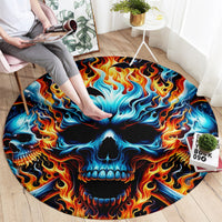 Round flame skull area rug, black background with swirling blue and orange flame graphics