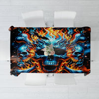 Black flame skull tablecloth with blue-orange flame graphics and skull head design