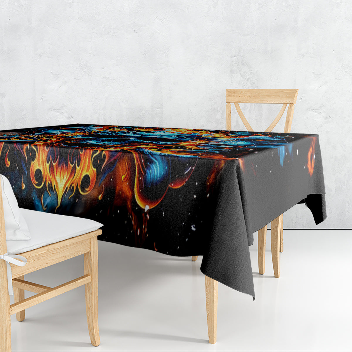 Black flame skull tablecloth draped over dining table edge, blue and orange flames