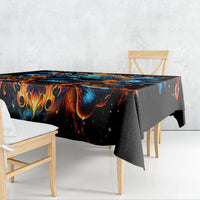 Black flame skull tablecloth draped over dining table edge, blue and orange flames