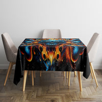 Black flame skull tablecloth on square table with orange flame drips and blue highlights