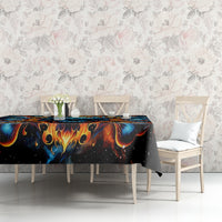 Black flame skull tablecloth on dining table with flaming skull pattern in blue and orange