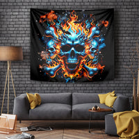 Black flaming skull tapestry with blue glow and orange fire accents