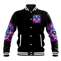 Black unisex baseball jacket with skull graphic, button front, striped collar and cuffs