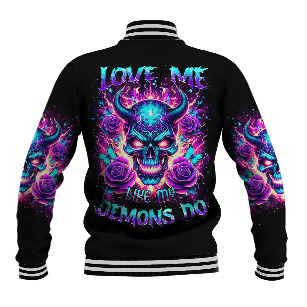 Black unisex baseball jacket with skull and roses graphic on back