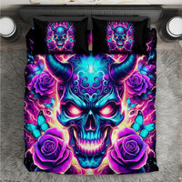 Colorful skull bedding set with black pillow covers, roses, butterflies, and neon artwork