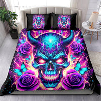 Vivid skull duvet with two black pillow shams, purple roses, and blue butterflies