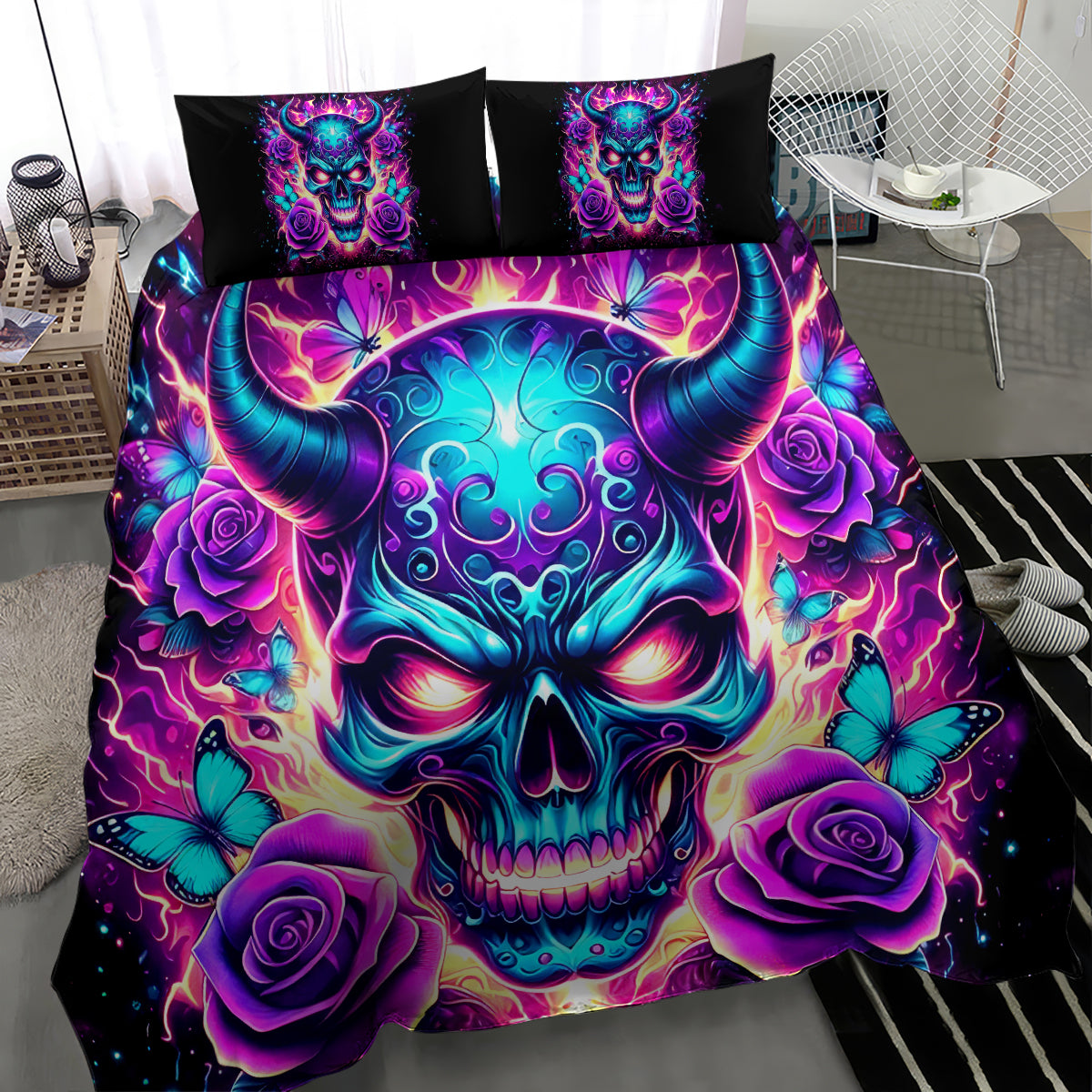 Skull-themed bedding set featuring two black pillows and bright neon skull center art