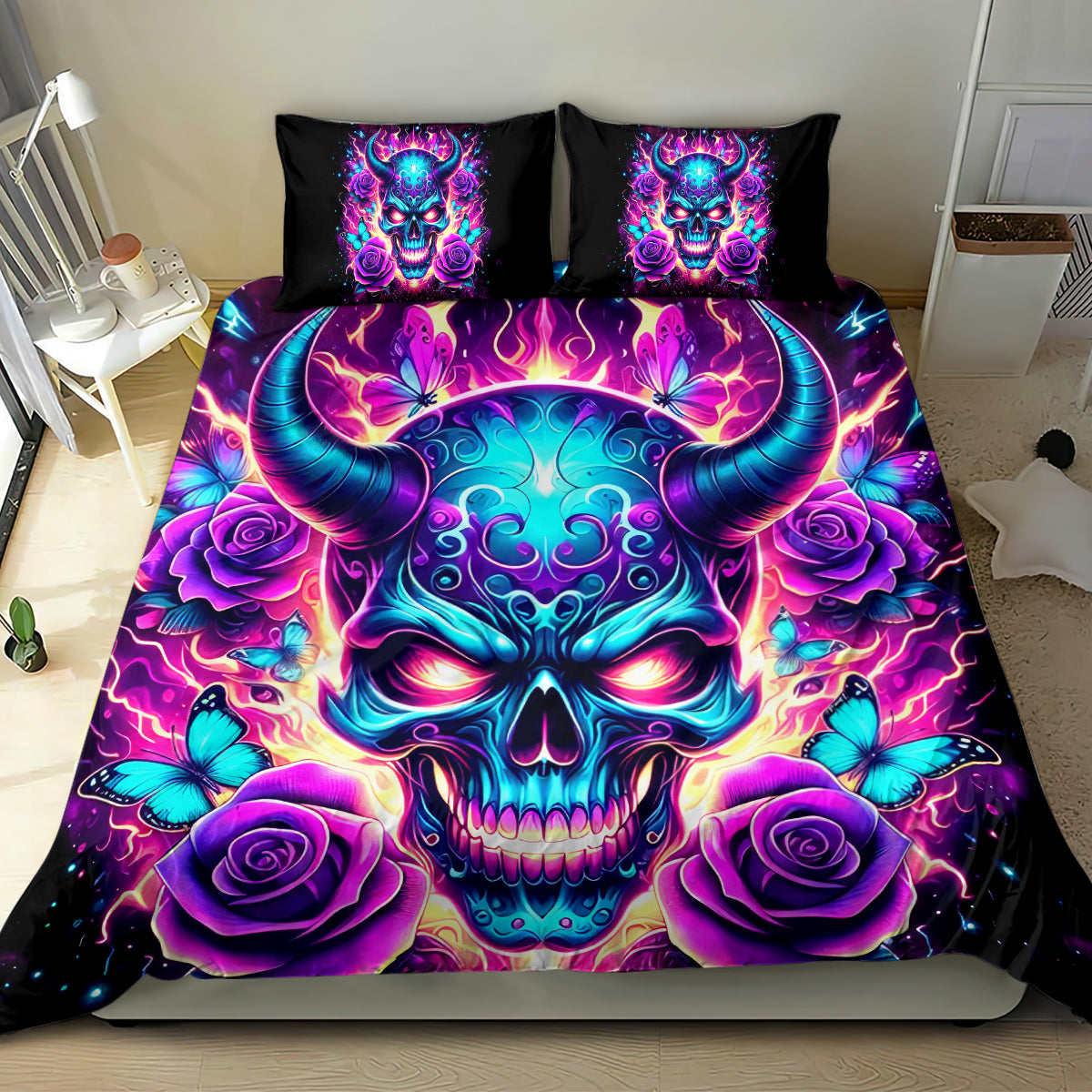 Neon skull bedding set with two black pillow covers, purple roses, and butterfly accents